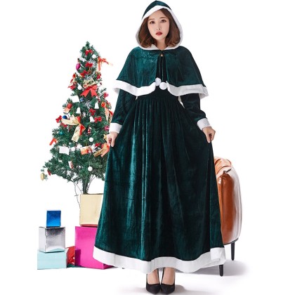 Dark Green Christmas Long Dress With Cape For Christmas Eve & Halloween Party Outfits