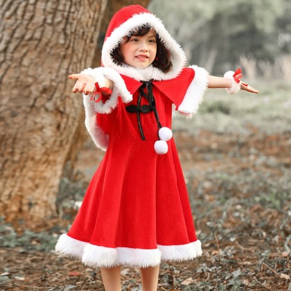 Traditional Chinese Style Vintage Red Christmas Festive Dress with Shawl For Kids