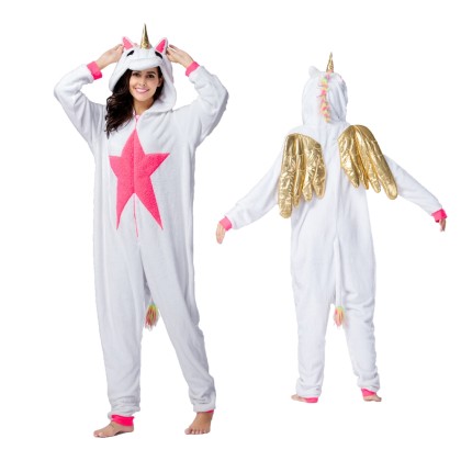 White Unicorn Pagesus with Gold Wings Kigurumi Onesie Pajama For Adult Halloween Costumes