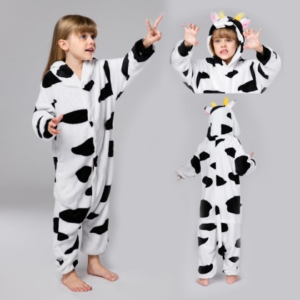 Animal Kigurumi Black White Milk Cow Onesie Pajamas For Kids