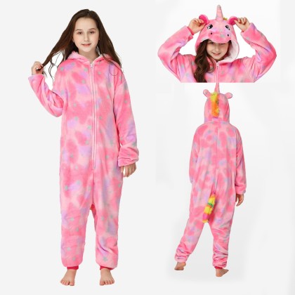 Kids Pink Star Pegasus Unicorn Onesie Kigurumi Animal Pajamas Zip Up