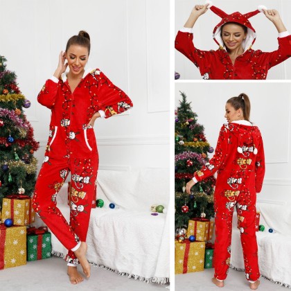 Red Coral Fleece Women Onesie One-Piece Pajama With Hoodie Zip-Up