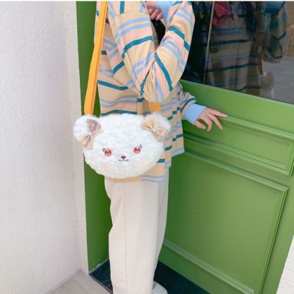 Cute Bowtie Little Bear Head Cartoon Animal Girls Plush Handbag