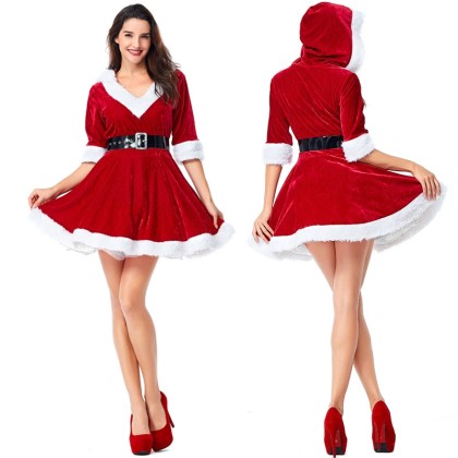 Half-Sleeves Christmas Red Santa Puffy Dress For Adults Christmas Party Suits