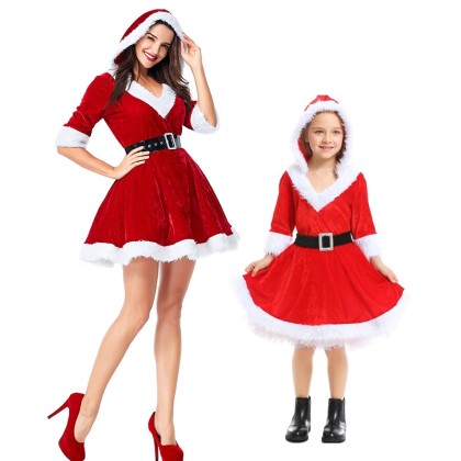 Matching Family Christmas Red Santa Puffy Dress For Christmas Party Outfits