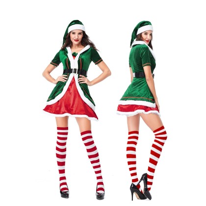 Adult Green Santa  Elf Costume Christmas Thickened Cosplay Costume Sets