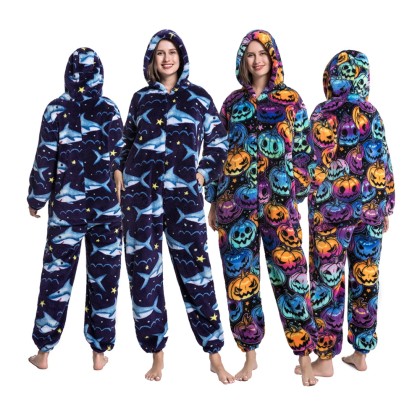 Soft Flannel Cartoon Onesie Pajamas Hooded Jumpsuit Sleepwear Shark & Pumpkin Print For Adult