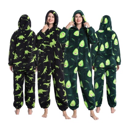 Flannel Onesie Pajamas Hooded Jumpsuit Cartoon Sleepwear Pear & Dinosaur Print Zip-Up