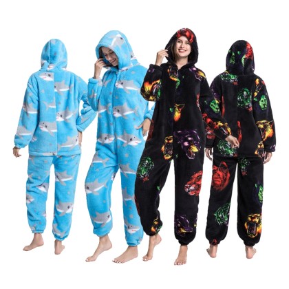 Flannel Cartoon Onesie Pajamas Hooded Jumpsuit Couple Sleepwear  Shark &Animal Head Print