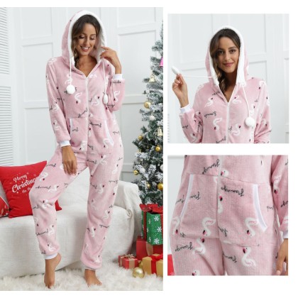 Pink Flamingo Coral Fleece Women Onesie One-Piece Pajama With Hood Zip-Up