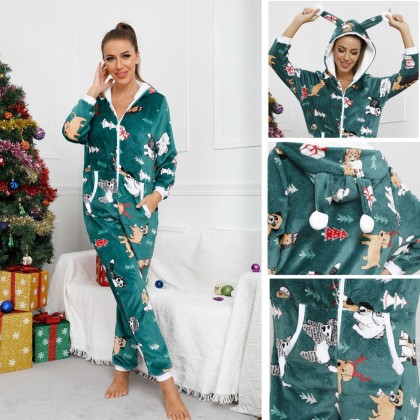 Green Christmas Onesie One-Piece Pajama With Hoodie Zip-Up