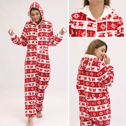 Christmas Deer Coral Fleece Women One-Piece Pajama With Hoodie Zip-Up