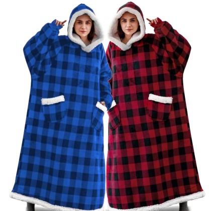 Plaid Hooded Coat Flannel TV Blanket Cozy Oversized Pajama Hoodie Blanket