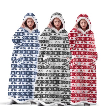 Chirstmas Deer Lengthened Flannel TV Blanket Cozy Oversized Pajama Hoodie Blanket