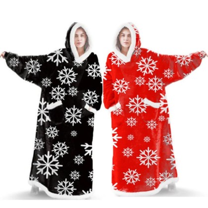 Black & Red Snowflake Lengthened Hooded Blanket For Couples Cozy Oversized Pajama TV Blanket