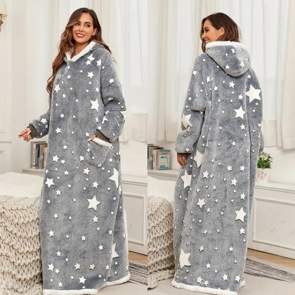 Fuzzy Thick Grey Five-Pointed Star Plus Long Cozy Blanket  Hoodie TV Blanket For Couples