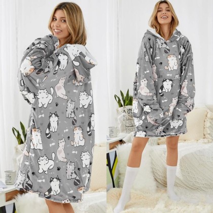 Adult Euro-American Style Grey Comic Cat Cozy Blanket TV Wearable Sweatshirt