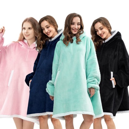 Solid Color Couple Hoodie Travel Blanket Cozy Oversized Thick Mid-Length TV Blanket