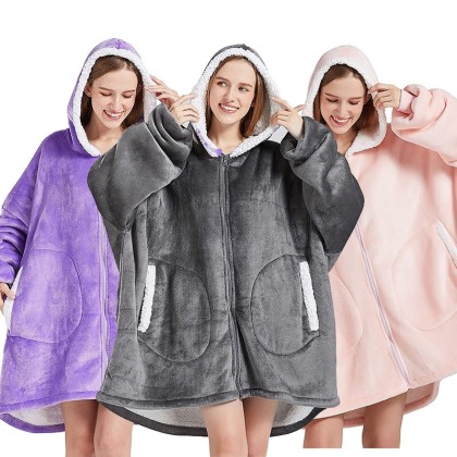 Zipper Casual Warm Couple Hoodie Travel Sweatshirt Cozy Oversized Thick Mid-Length TV Blanket