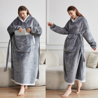Flannel Thick Hoodie Pajama Men & Women Solid Color Casual TV Wearable Blankets Sweatshirt