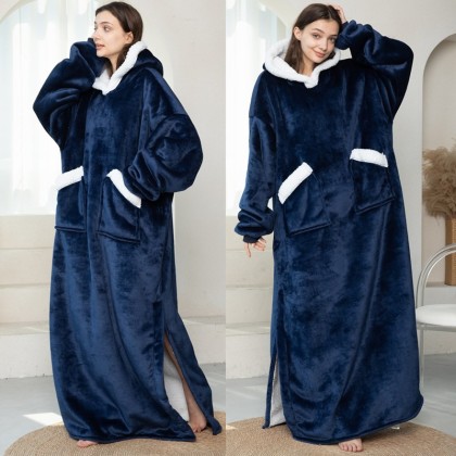 Navy Blue Casual  Thick Warm Hoodie Pajama Oversized TV Wearable Blankets For Couples
