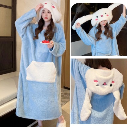 Adult Coral Velvet Nightgown Thickened Cute Cinnamoroll Loose Hooded  Homewear Pajamas 