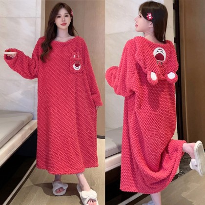  Coral Velvet Cozy Hoodie Nightgown Cute Lots-o'-Huggin' Bear Loose Hooded Pajamas 