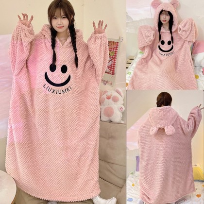 Pink  Smiley Face Winter Coral Velvet Hooded Robe Oversized Casual TV Blankets