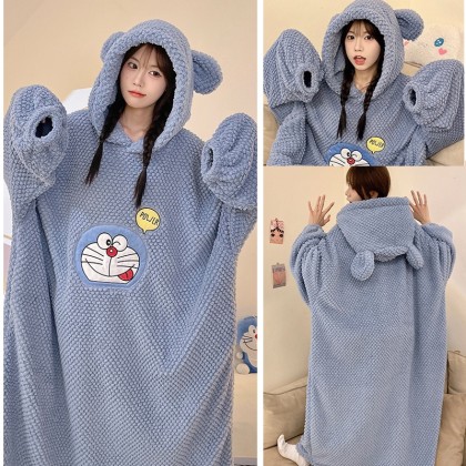 Blue Doraemon Coral Velvet Nightdress Hooded Pajama Oversized Casual TV Blankets