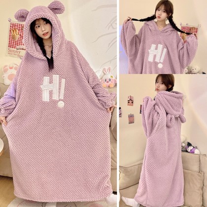 Light Purple Letter Coral Velvet Nightdress Hooded Pajama Oversized Casual TV Blankets