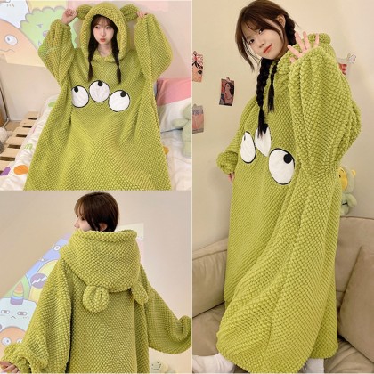 Cute Three Eyes Coral Velvet Nightdress Hooded Pajama Oversized Casual TV Blankets