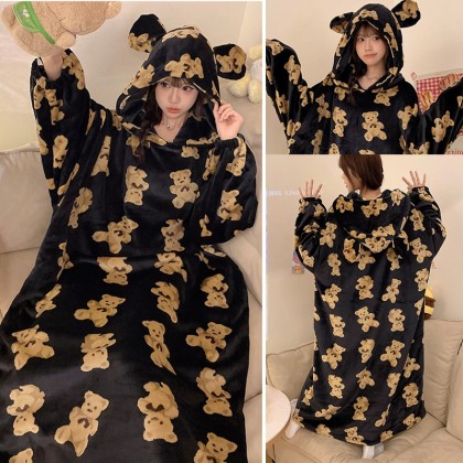 Cute Bear Flannel Pajama Winter Thickened Hooded Nightgown Casual TV Blankets