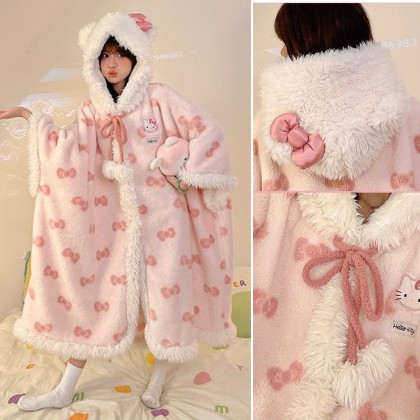 Cute Cartoon Sweet Coral Velvet Nightgown Oversized Hooded Pajamas