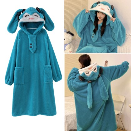 Hatsune Miku Hoodie Cartoon TV Blanket Plush Winter Thick Coral Velvet Nightgown Pajamas 