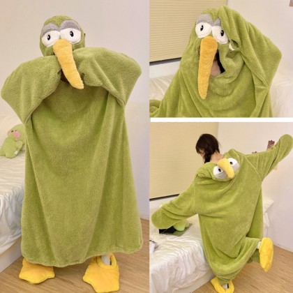 Cute Green Apteryx Plush Winter Thickened Coral Velvet Nightgown Hooded Pajamas TV Blanket