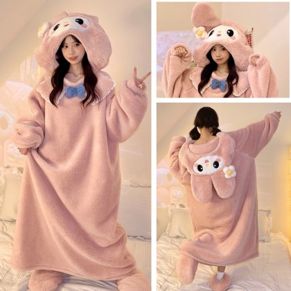 Lovely Pink Melody Winter Thickened Coral Velvet Nightgown Cartoon Hooded Pajamas TV Blanket 
