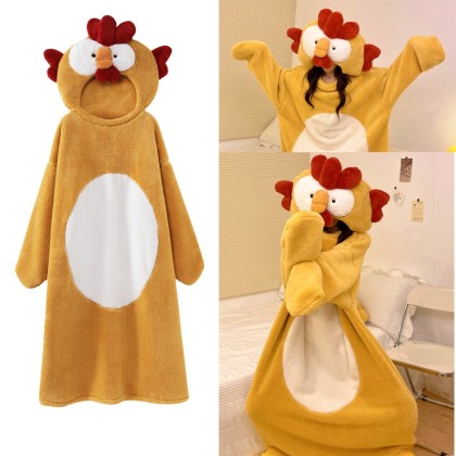 Cute Chick Thickened Coral Velvet Nightgown Cartoon Hooded Pajamas TV Blanket For Adult