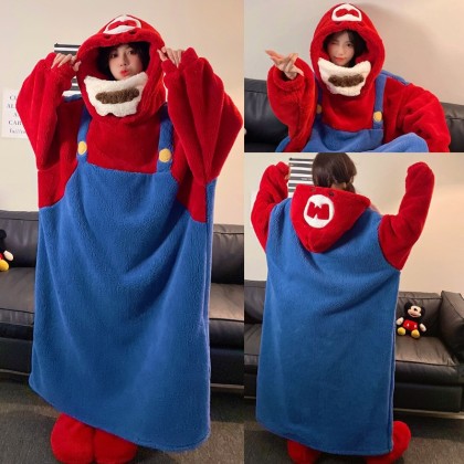 Super Mario Thickened Coral Velvet Nightgown Cute Cartoon Hooded Pajamas TV Blanket For Couples