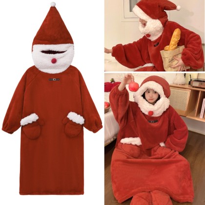 Adults Santa Claus Thickened Coral Velvet Nightgown Cute Cartoon Hooded Pajamas TV Blanket