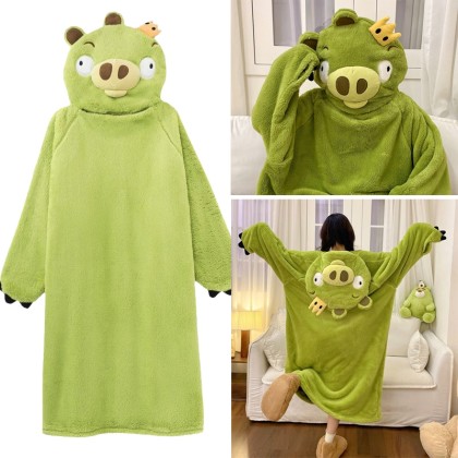 Angry Birds Green Pig Thickened Coral Velvet Nightgown Cute Cartoon Hooded Pajamas TV Blanket