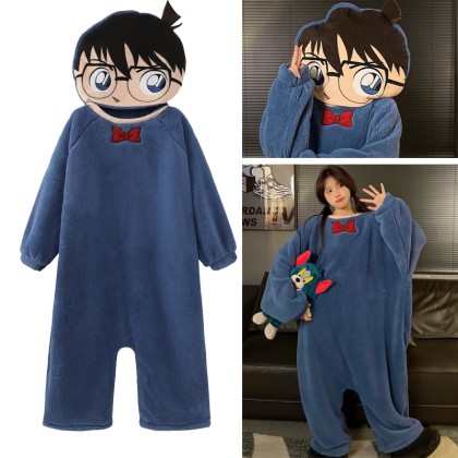 Adult Couple Detective Conan Kigurumi Onesie Thickened Coral Velvet Cartoon Loose Pajamas 