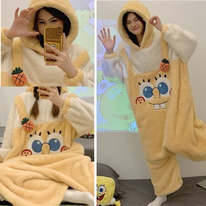 Lovely SpongeBob Kigurumi Onesie Thickened Coral Velvet Cute Cartoon Loose Pajamas For Adult