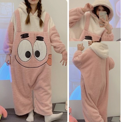  Cute Patrick Star Kigurumi Onesie Thickened Coral Velvet Cartoon Cozy Pajamas For Adult