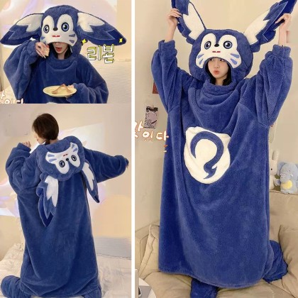 Cute Meng Qi Thickened Coral Velvet Nightgown Cartoon Hooded Pajamas TV Blanket