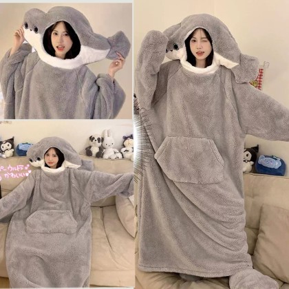 Cute Sakaban Fish Thickened Coral Velvet Nightgown Cartoon Hooded Pajamas TV Blanket For Couples