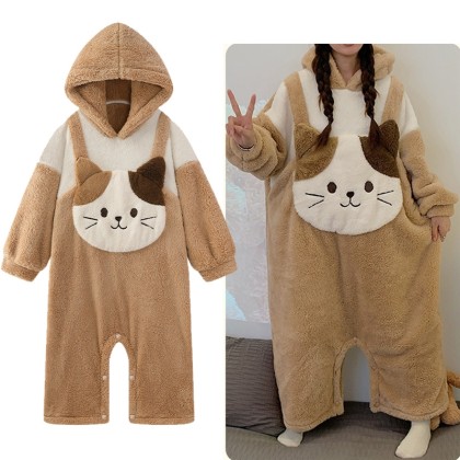 Cute Brown Ca tPajamas Onesie Winter Thickened Coral Velvet Cartoon Animal Loose Kigurumi
