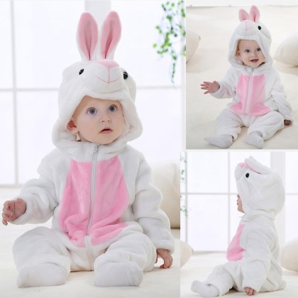 White Bunny Baby Flannel Animal Kigurumi Halloween Costume Onesie Unisex Baby Romper 