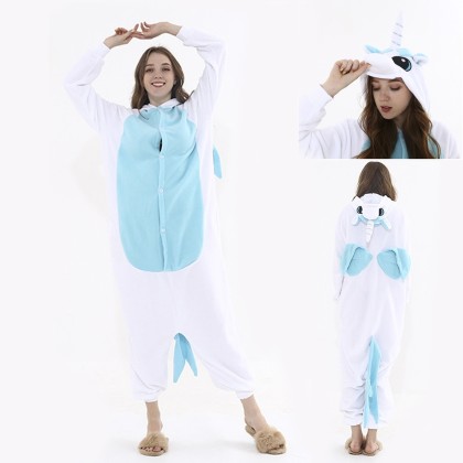 Adult White and Blue Unicorn Onesie Kigurumi Pajama Animal Costume