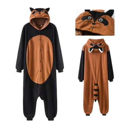 Adult Black and Brown Raccoon Anime Bear Onesie Kigurumi Animal Pajama Costume For Couples
