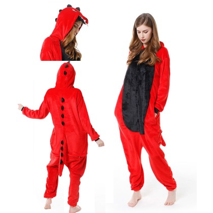 Red Dinosaur  Kigurumi Onesie Pajama Funny Cartoon Animal Halloween Costume For Adult